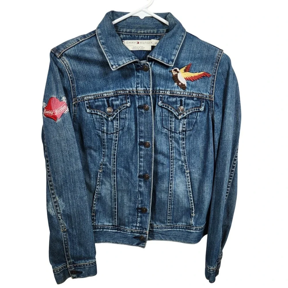 Vintage Tommy Hilfiger Jean Jacket M Women Y2K Embroidered Bird Heart Love Patch - Picture 13 of 16